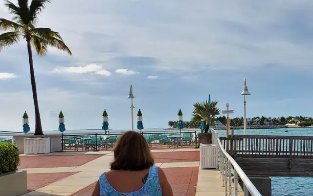Woman (Lori) from behind looking at waterfront patio with palm tree and umbrellas; fully clothed