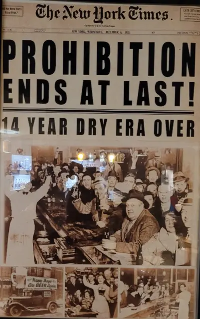 A vintage Prohibition-era newspaper display at a local distillery stop