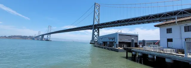 A closer look at the Bay Bridge from the pier below.
