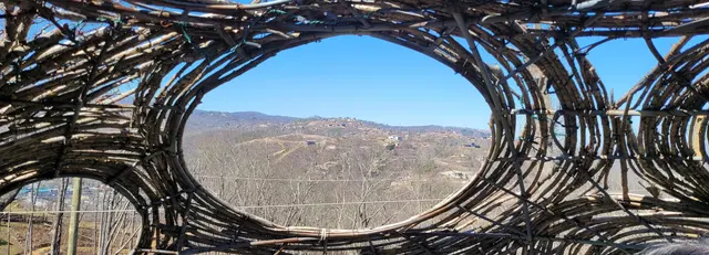 A peek through the SkyBridge's woven railing at the valley view