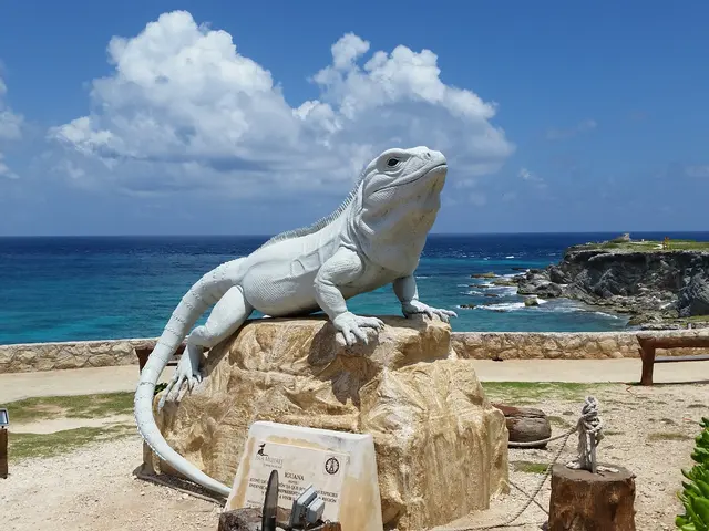 iguana statue overlooking ocean