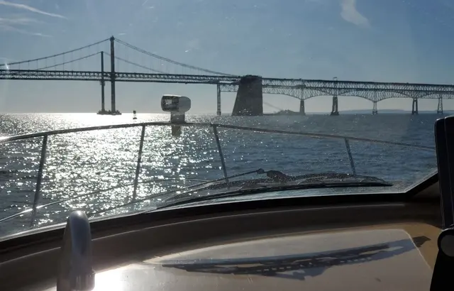 Chesapeake Bay Bridge view from boat windshield; scenery