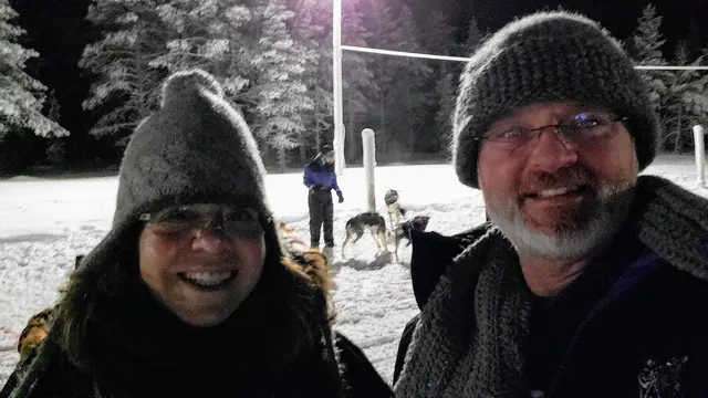 Husky sledding under the Arctic night sky
