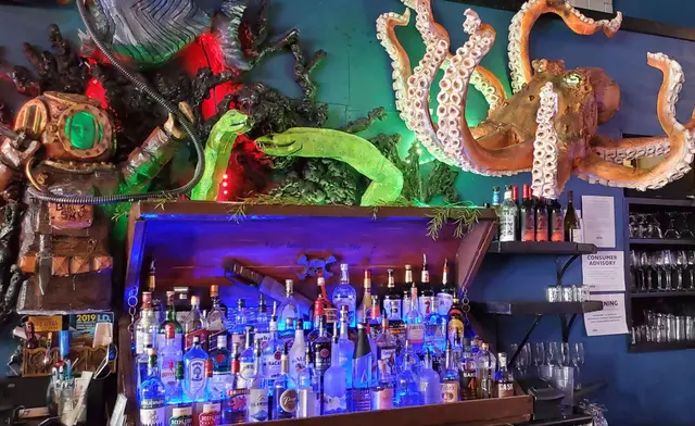 Bar interior with octopus and sea creature wall decor; scenery/decor