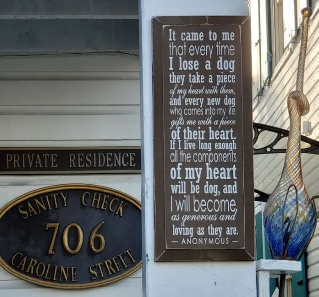 Decorative sign and Private Residence/Sanity Check street signage; scenery/decor