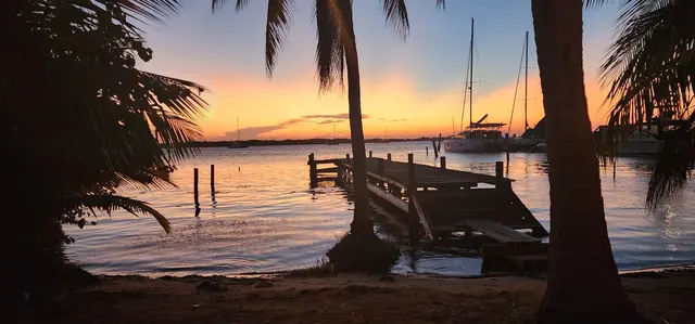 Sailboats moored at the dock as the sky fades into sunset colors.