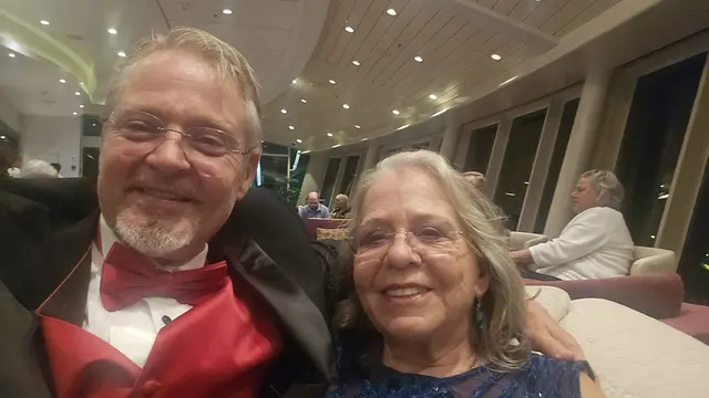John and Lori all smiles before dinner on formal night.
